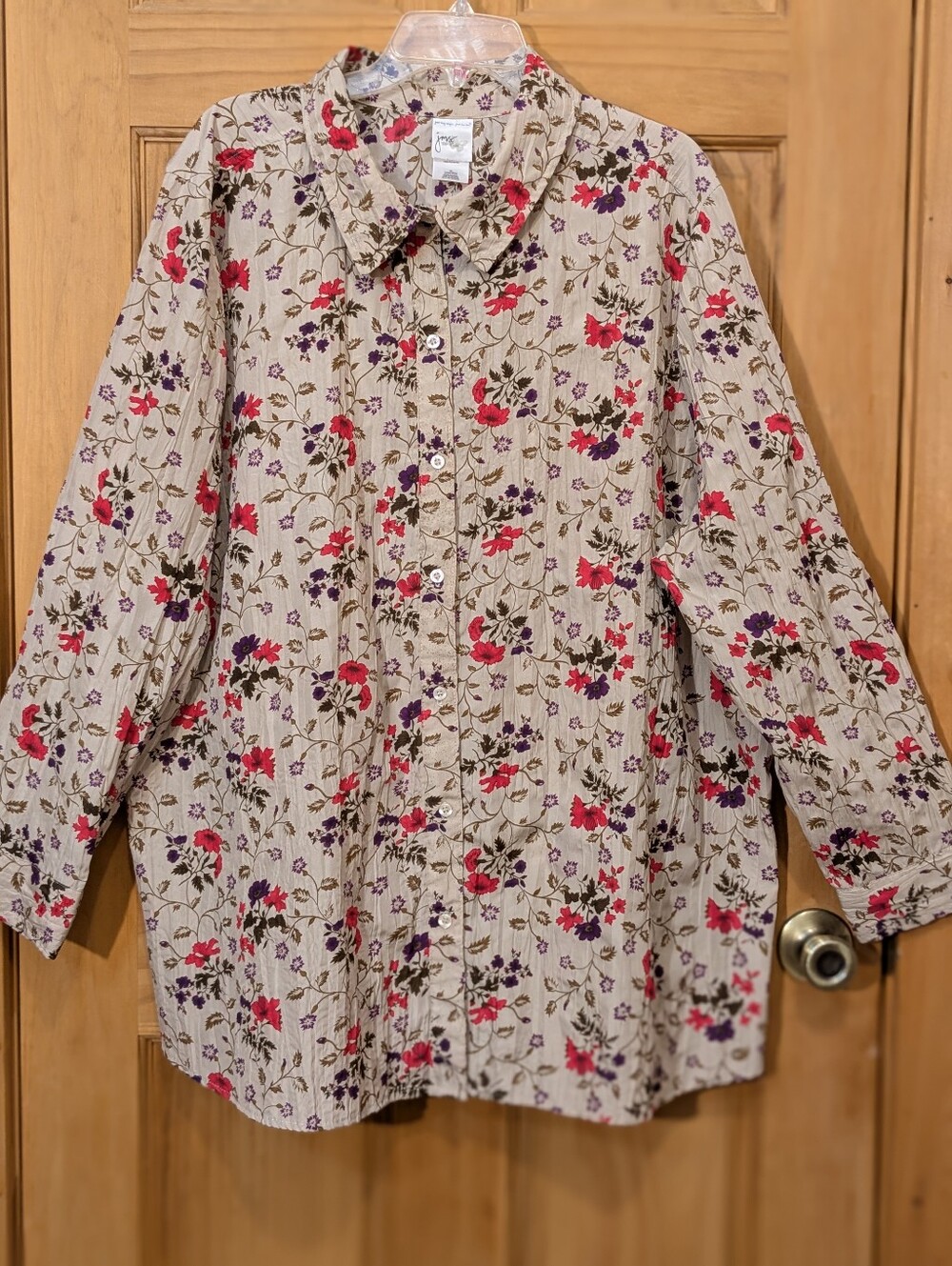 JMS Just My Size Shirt 4X Tan Floral Button Down LS Blouse Grandmacore Boho Chic